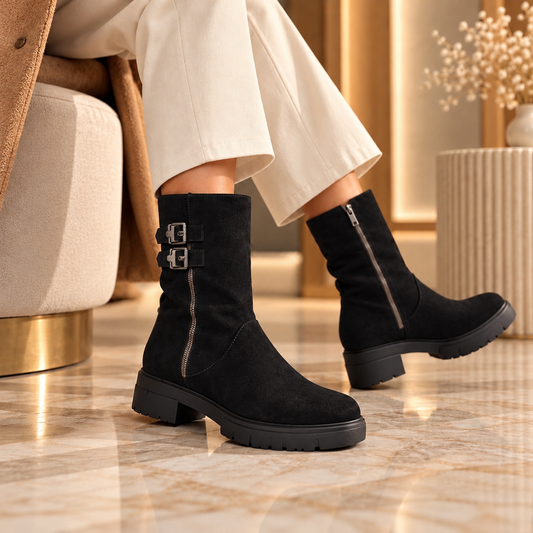 Suede double buckle ankle boot
